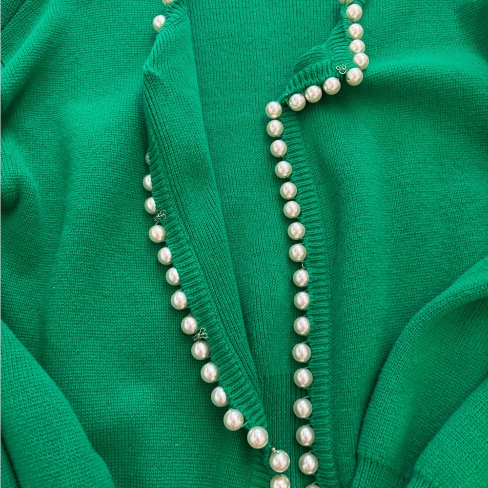 Green Cardigan Sweater with Pearl Accents - Picture 4 of 7